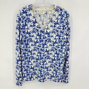 Boden 100% Cashmere V-Neck Sweater Palm Trees Monkeys White Blue Size M